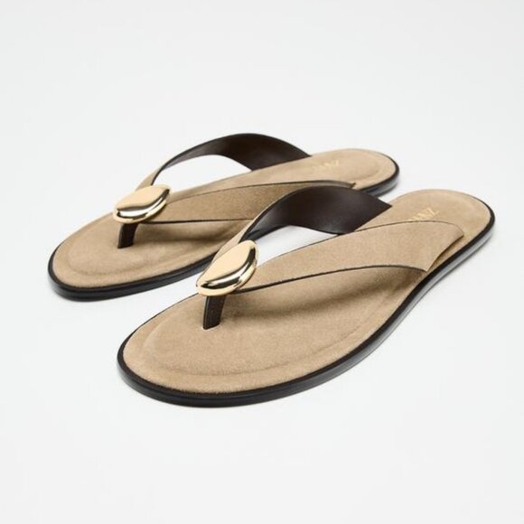 ZARA FLAT SPLIT SUEDE SANDALS WITH METAL EMBELLISHMENT - Picture 1 of 5